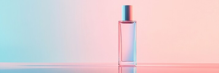 Sticker - Sleek cosmetic bottle on a reflective surface with a clean pastel toned background. Generative AI