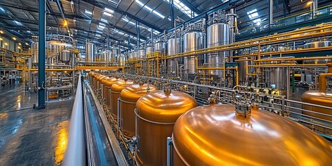 Poster - Industrial facility showcases large metal tanks and modern machinery in a vibrant manufacturing environment