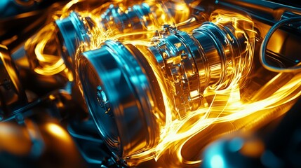 Poster - Vibrant Close-Up of Engine Compartment with Metallic Parts and Light