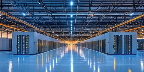 Poster - Data center with rows of servers and illuminated pathways in a modern facility during evening hours
