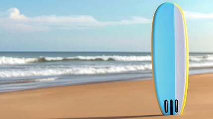 Poster - A vibrant blue surfboard stands on a sandy beach with gentle waves and a clear sky in the background