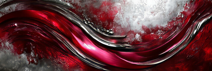 Poster - Crimson arcs intertwine with silver texture in an abstract display of movement and color