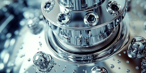 Poster - Close-up of a shiny mechanical component surrounded by bubbles in a workshop setting during the day