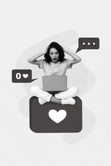 Leinwandbilder - Collage 3d image of pinup pop retro sketch unhappy upset lady looser getting no likes modern gadget isolated painting background