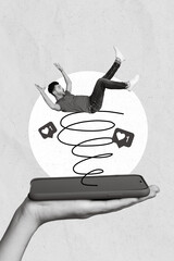 Poster - Creative collage template image of funny guy swallowed instagram twitter facebook addiction isolated drawing background