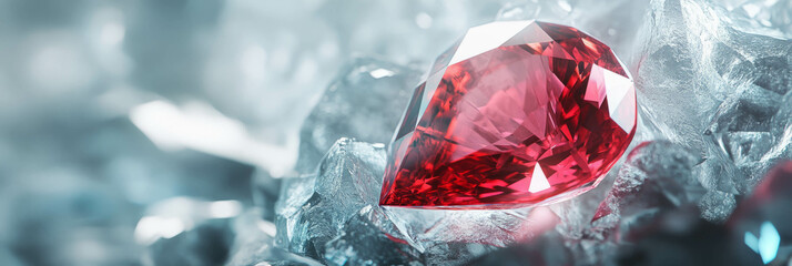 Poster - Radiant ruby gemstone resting on textured silver surface with glimmering light reflections