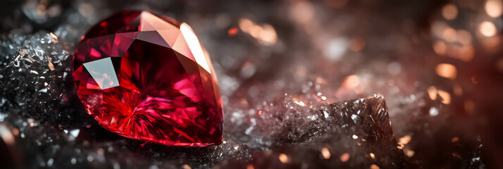 Poster - Glowing ruby on a silver textured surface with sparkling highlights
