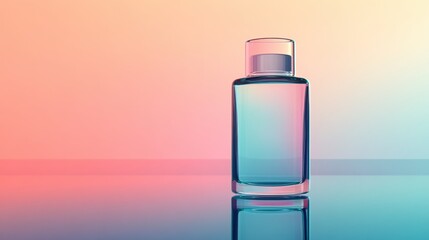 Fototapete - Sleek cosmetic bottle on reflective surface with clean pastel tones highlighting modern design and elegance. Generative AI