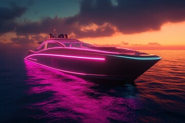 Poster - Futuristic Yacht on Dark Ocean with Neon Lights . A luxury yacht gliding across calm waters, silhouetted against a vibrant sunset sky filled with warm hues.