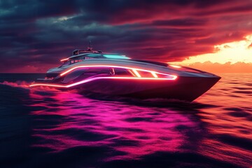 Poster - Futuristic Yacht on Dark Ocean with Neon Lights . A luxury yacht gliding across calm waters, silhouetted against a vibrant sunset sky filled with warm hues.