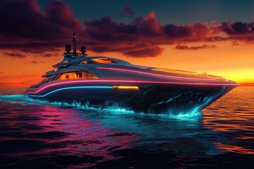 Poster - Futuristic Yacht on Dark Ocean with Neon Lights . A luxury yacht gliding across calm waters, silhouetted against a vibrant sunset sky filled with warm hues.