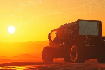 Poster - Futuristic Truck with Digital Network at Sunset, A truck traverses a vast desert landscape, illuminated by the warm hues of a sunset in the background.
