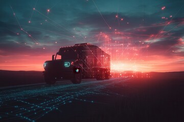 Poster - Futuristic Truck with Digital Network at Sunset, A truck traverses a vast desert landscape, illuminated by the warm hues of a sunset in the background.