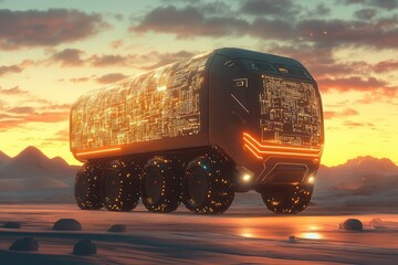 Poster - Futuristic Truck with Digital Network at Sunset, A truck traverses a vast desert landscape, illuminated by the warm hues of a sunset in the background.