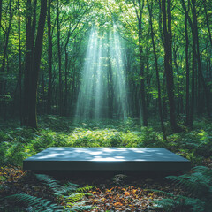 Wall Mural - Sunlit forest path with empty platform