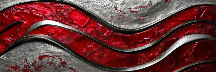 Poster - Curved crimson flashes with shimmering silver texture create a striking visual contrast