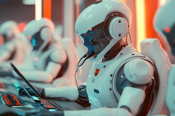 Poster - futuristic service, robots at work in a call center . futuristic robots working collaboratively in a