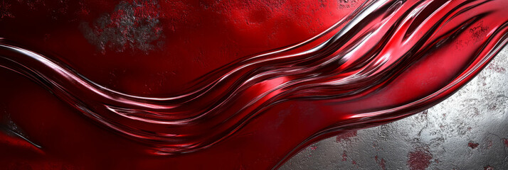 Poster - Curved crimson flashes intertwine with a reflective silver texture in dynamic contrast