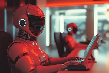 Poster - futuristic service, robots at work in a call center . futuristic robots working collaboratively in a