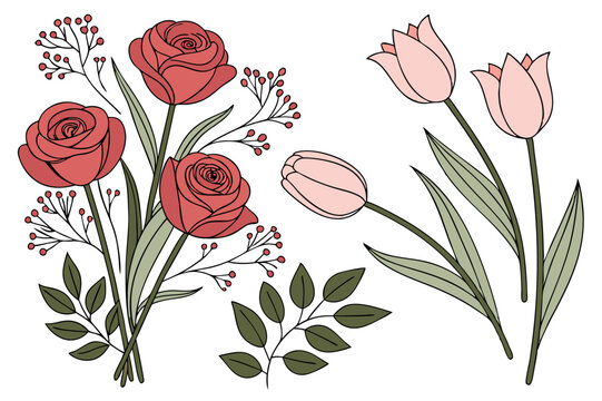 Floral-elements vectors of roses tulips and other