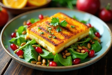 Wall Mural - Grilled cheese served atop a vibrant green salad with pomegranate seeds and toasted nuts