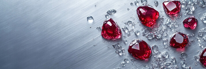 Poster - Ruby flickers glistening on a silver textured surface in a captivating arrangement