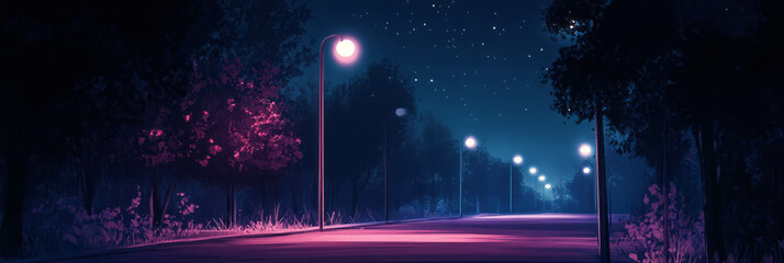  - Dark empty street illuminated by flickering streetlights creates a mysterious night atmosphere