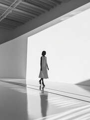 Fototapete - Monochromatic runway featuring a model walking in minimalist attire with soft lighting and clean lines in a spacious environment. Generative AI