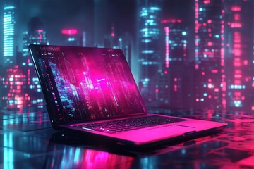 Poster - futuristic laptop in neon cityscape . a futuristic computer setup showcasing advanced technology, sy