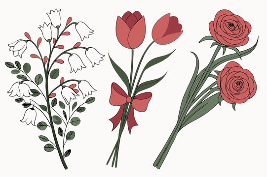 Floral-elements vectors of roses tulips and other