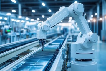 Poster - Futuristic factory interior with advanced robotic arms and conveyor systems sleek design and cool blue lighting emphasize automated efficiency .