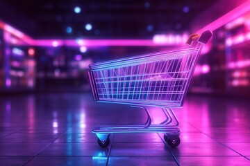 Poster - Futuristic digital shopping cart in neon lights . A vibrant shopping cart illuminated by neon lights, showcasing a modern and energetic shopping experience.