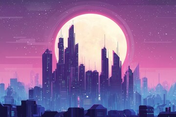 Poster - Futuristic cityscape under a giant full moon . A serene cityscape illuminated by a bright full moon in the night sky, casting a gentle glow over the buildings.