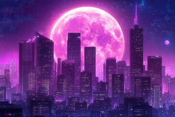 Poster - Futuristic cityscape under a giant full moon . A serene cityscape illuminated by a bright full moon in the night sky, casting a gentle glow over the buildings.