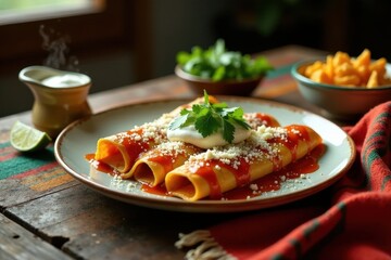 Wall Mural - Delicious Savory Enchiladas Topped with Creamy Sauce and Cheese, Served on Rustic Table Setting