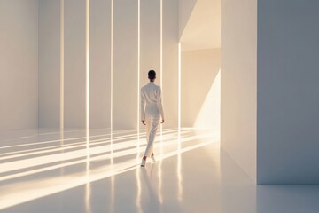 Fototapete - Model walks through a minimalistic runway space with soft lighting and clean lines at a contemporary fashion event. Generative AI