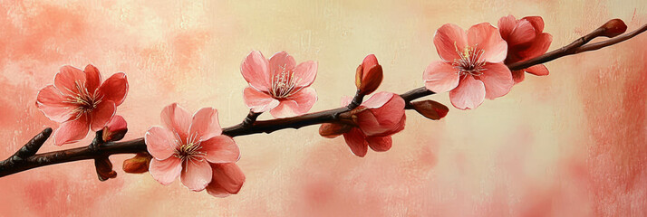 Poster - Fragile crimson blossoms enhance a tranquil background of soft hues in springtime