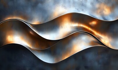 Poster - Abstract metallic waves with reflective surfaces in shades of gray and copper tones creating a dynamic pattern