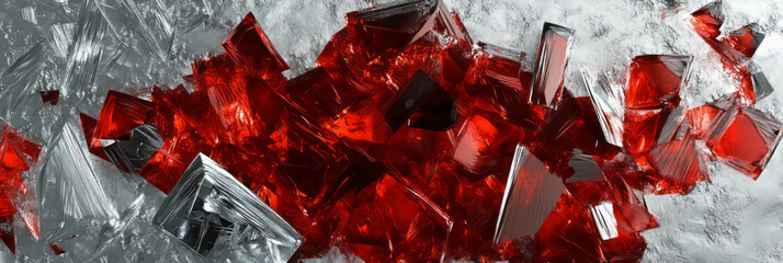 Poster - Fragmented red flashes contrast with shiny silver texture in vibrant display