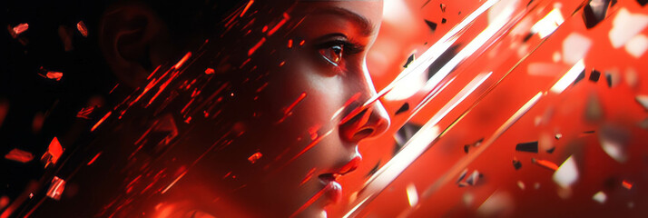 Poster - Fragmented red flashes illuminate a woman's face, creating a striking visual effect