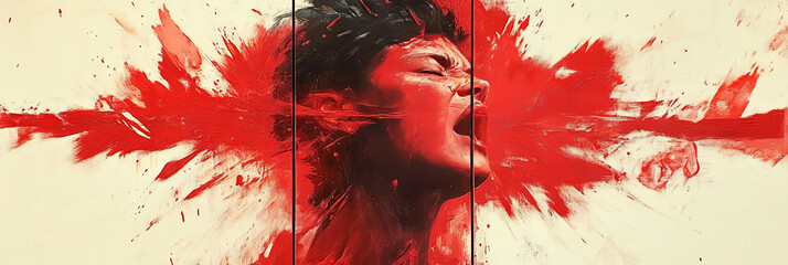 Poster - red flashes burst forth from a person's expression of intense emotion in fragmented style