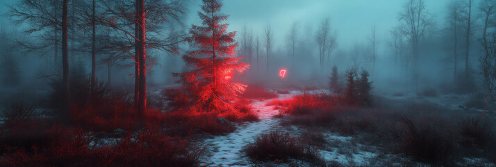  - Little red lightnings illuminate a misty forest path at dusk