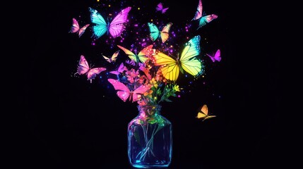 Wall Mural - Colorful butterflies emerge from a vase with flowers on a black background for use in nature designs