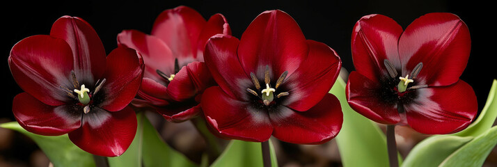 Poster - Ruby-red tulips showcase their smooth petals in a vibrant spring display at a garden