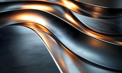 Poster - Metallic fluid waves with gold and silver reflective surface abstract background