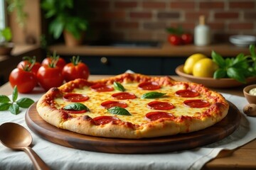 Wall Mural - A delicious pepperoni pizza on a wooden board, garnished with fresh basil, surrounded by ripe tomatoes and lemons