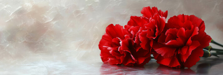Poster - Cherry-red carnations with ruffled petals in soft light on a textured surface