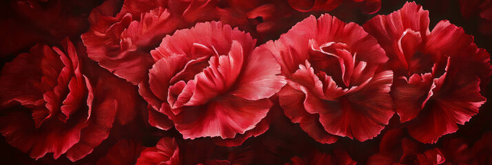 Poster - Small cherry-red carnations with ruffled petals illuminated by soft light