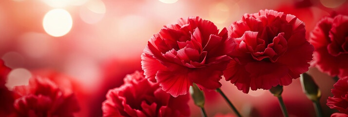 Poster - Delicate cherry-red carnations bloom softly in a warm, inviting atmosphere