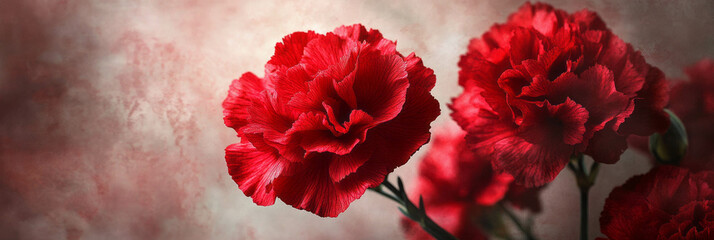 Poster - Beauties of cherry-red carnations with ruffled petals in soft lighting